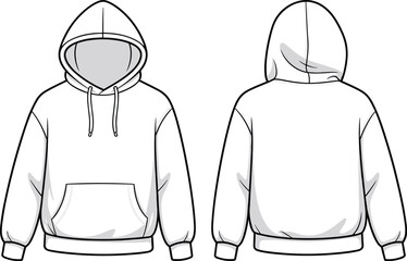Hoodie template front and back view, vector illustration, fashion apparel sketch, blank sweatshirt design, clothing mockup, casual wear drawing