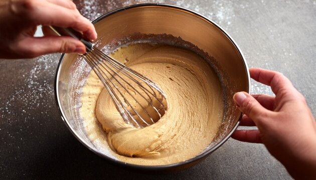 hands mixing cake batter in a bowl