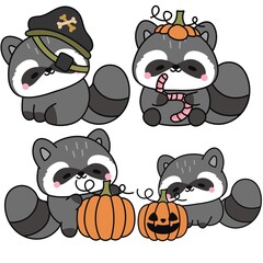 Halloween cute kawaii pumpkin raccoon illustration vector  © Ragini