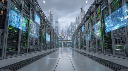 Futuristic Data Center with Neon Lights and High-Tech Servers