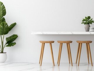 Clean kitchen workspace with minimalist stools and quartz surfaces