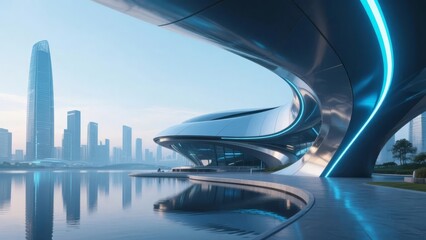 Futuristic Building with Curved Architecture and Cityscape Background