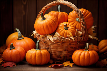 Autumn harvest pumpkins in a basket with fallen leaves
