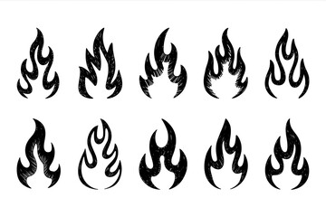 Hand-drawn flame icons: ten unique black ink fire designs, vector graphics, fiery energy.