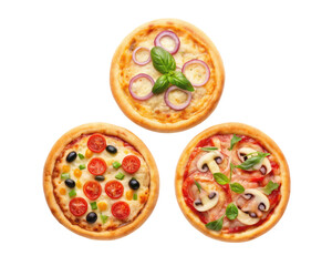 Three delicious gourmet mini pizzas appetizer meal food photography restaurant cafe cuisine