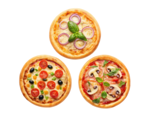 Three delicious gourmet mini pizzas appetizer meal food photography restaurant cafe cuisine
