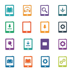 Digital Device Icons: A vibrant collection of digital device icons, artfully arranged in a grid, symbolizing various functionalities from reading to settings.