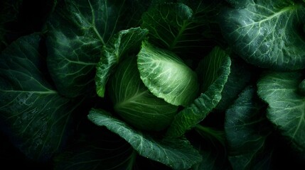 Fototapeta premium Vibrant green cabbage head featuring glistening water droplets on its textured leaves captured in a close up against a dark background
