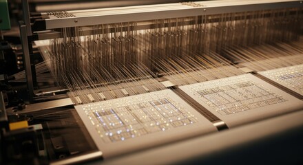 Highresolution image of sensorembedded yarns woven into fabric panels on an industrial automatic loom for smart garment development.