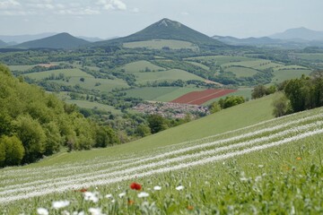 Panoramic view of a valley with fields, hills, and a mountain