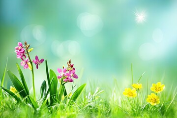 Spring flowers in a grassy meadow, soft focus, vibrant colors, bokeh