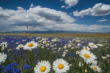 Wildflowers blanket a field, mountains in the distance