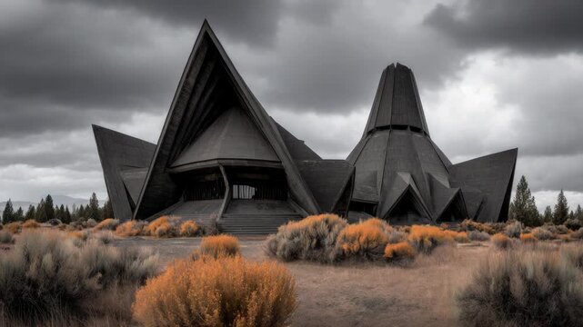 Unique Concrete Architectural Design in a Rugged Landscape with Dramatic Sky, Oregon USA