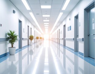 Obraz premium Bright Modern Empty Hospital Corridor Interior With Lights And Doors