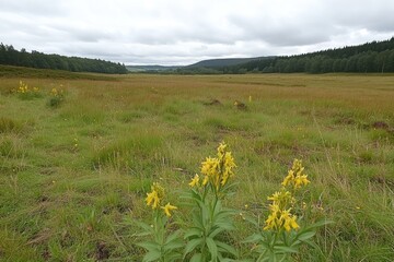 Wide shot of a meadow with yellow wildflowers, a valley, and forest beyond