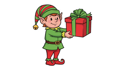 Cheerful Christmas Elf Holding a Red Gift Box with Green Ribbon.