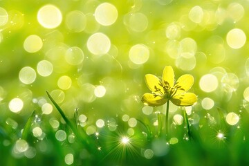 Single yellow flower amidst vibrant green grass, bokeh background