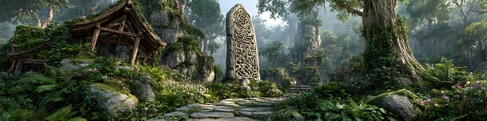 Twilight forest ruins holding hovering energy obelisk with ancient runes