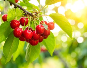 Obraz premium Ripe cherries cluster on branch, sunlit leaves