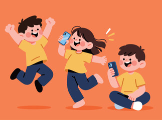 Happy children using smartphones