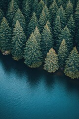 High-angle view of a tranquil lake bordered by a dense pine forest