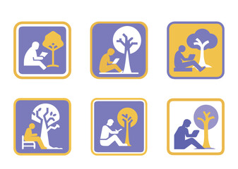 Icons depicting people reading or using tablets under trees in different styles