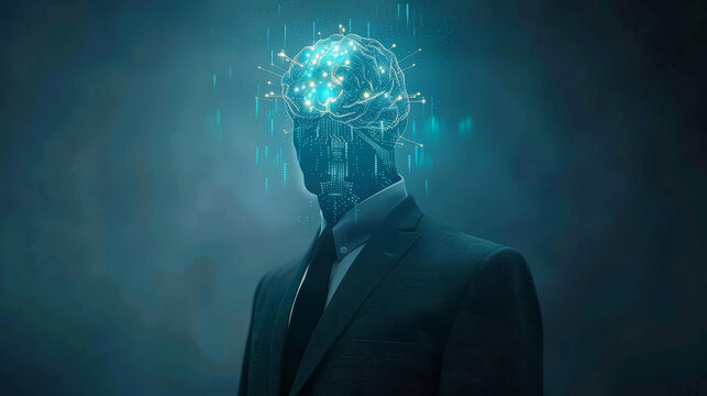 A futuristic businessman with a glowing digital brain symbolizing artificial intelligence and advanced thought. - Powered by Adobe