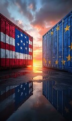 Fototapeta premium American and european union containers face each other during a vivid sunset reflection