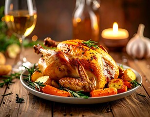 Gourmet Roasted Chicken Feast: A succulent, golden-brown roasted chicken, adorned with fresh herbs and vegetables, graces a rustic wooden table.