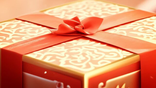 Gift box with red ribbon and intricate gold pattern