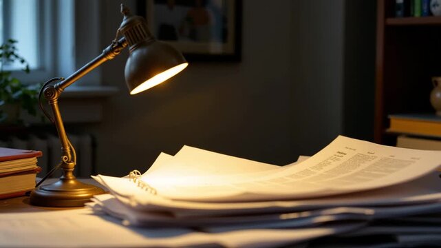 Soft Light on Paperwork: A close-up shot captures a desk bathed in soft, focused light. Papers are stacked on a wooden surface with a desk lamp, creating a sense of focus. 