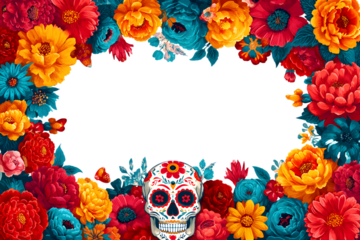 Dia de muertos Holiday flower frame with sugar skull Day of dead mexican carnial celebration border. Vecor illustration.