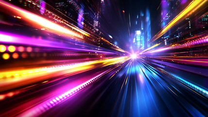 Dynamic Streaks Of Light And Color Radiating From A Central Point, Suggesting A Futuristic Cityscape Or High Speed Journey Through A Vibrant Neon Lit Environment. The Composition Creates A Sense Of Sp