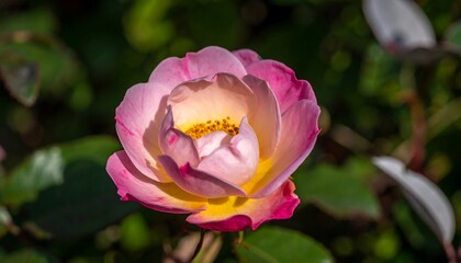 Close-up of a delicate pink and yellow rose