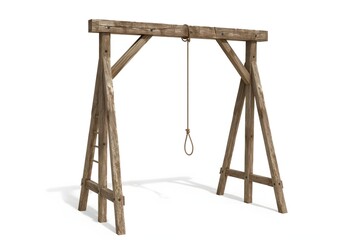 Rustic wooden gallows, isolated, rope noose, hanging, western setting, historical illustration