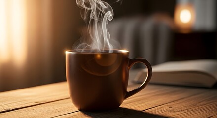 Steaming Coffee Cup on Wooden Table