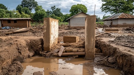 Muddy Rural Road and Adobe Houses After Rain (Suitable for Rural Scenery, Natural Environment, Disaster Impact, etc.)
