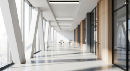 Obraz premium Abstract Blurred Modern Office Hallway Interior with Natural Light and Windows