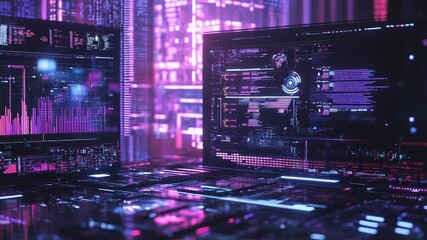 Futuristic computer interface displaying complex data and information in virtual cyberspace - Powered by Adobe