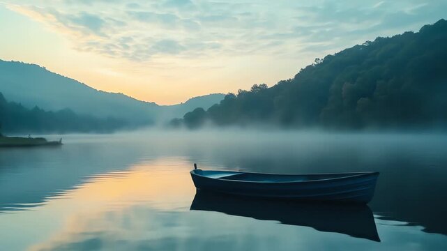 Lone rowboat on a misty lake at sunrise