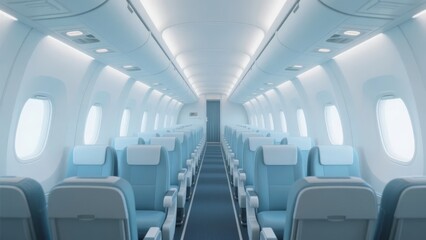 Interior of a modern airplane cabin with rows of seats and overhead compartments