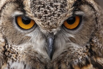 Obraz premium Extreme close-up of an owl's face, featuring striking golden eyes and detailed feathers. Use this for wildlife, wisdom, or intense stare concepts.