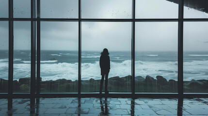 A lone figure stands silhouetted against a large window, watching a stormy, turbulent ocean on a rainy day.