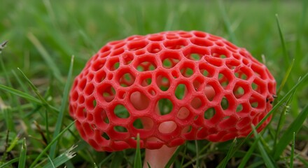 red cage fungus (Clathrus ruber) in open grassland