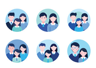 Diverse families in circular avatars, various styles and colors, happy families