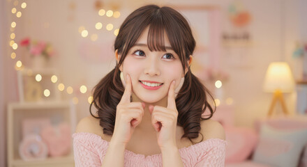 両頬を指ではさんで微笑む可愛いツインテールの女性