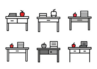 Stylized desks with apples and books icons for education or office themes