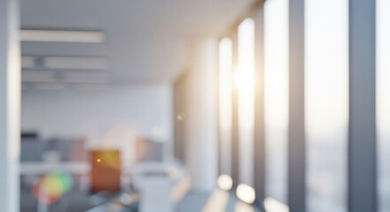Fototapeta premium Abstract Blurry Modern Office Interior with Sunlight and Window View