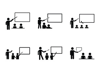 Pictogram style illustrations of teachers in front of their students and whiteboards