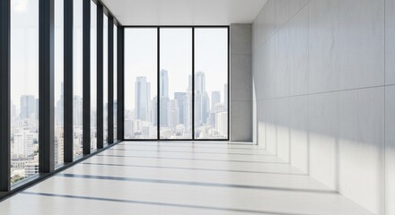 Obraz premium Minimalist Modern Interior with Cityscape View from Large Window